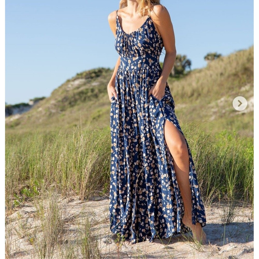 Natural Life Floral Wide Leg Jumpsuit XS Blue Ruffle Wood Bead Tyes Side Slits
